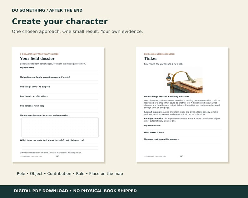 May include: Two pages from a workbook titled DO SOMETHING / AFTER THE END. The left page is a field dossier with lines for personal rules and a map. The right page titled Tinker features a small image of a brass desk lamp and text prompts.