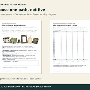 May include: A digital PDF document titled Do Something / After the End, featuring two pages. Page 13 shows The Salvage Appointment activity with a tin mug, cloth, wire, frame, tag, and box. Page 142 displays a record table for five approaches.