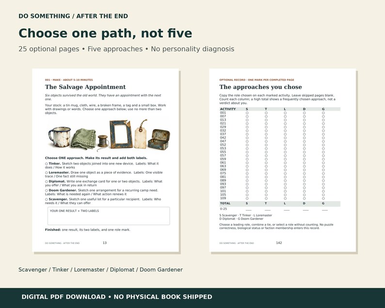 May include: A digital PDF document titled Do Something / After the End, featuring two pages. Page 13 shows The Salvage Appointment activity with a tin mug, cloth, wire, frame, tag, and box. Page 142 displays a record table for five approaches.