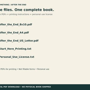 May include: A digital download listing titled DO SOMETHING / AFTER THE END. It includes five files: three book PDFs in 8x10, A4, and US Letter sizes, a printing instructions text file, and a personal use license text file. Flat PDFs for printing.