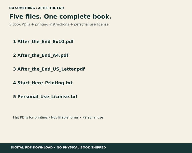 May include: A digital download listing titled DO SOMETHING / AFTER THE END. It includes five files: three book PDFs in 8x10, A4, and US Letter sizes, a printing instructions text file, and a personal use license text file. Flat PDFs for printing.