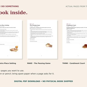 May include: Three white activity book pages titled The Extra Place Setting, The Passing Game, and Condiment Court. Each page features black text instructions, blank lines for writing, and a small colorful illustration at the bottom right corner.
