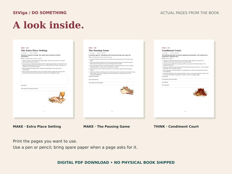May include: Three white activity book pages titled The Extra Place Setting, The Passing Game, and Condiment Court. Each page features black text instructions, blank lines for writing, and a small colorful illustration at the bottom right corner.