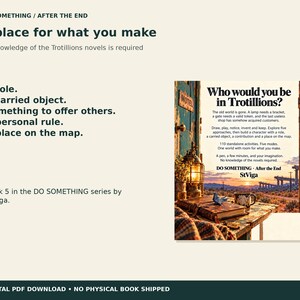 May include: A digital book cover titled Who would you be in Trotillions? featuring a rustic wooden table with a lantern, a leather-bound book, a blue paper bird, and a mug, set against a desert landscape with a motel sign and sunset.