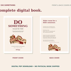May include: A digital book titled Do Something Around the Table, featuring front and back covers. The front cover displays the title, subtitle, and an illustration of a table setting. The back cover includes text about activities, shared drawings, and puzzles.