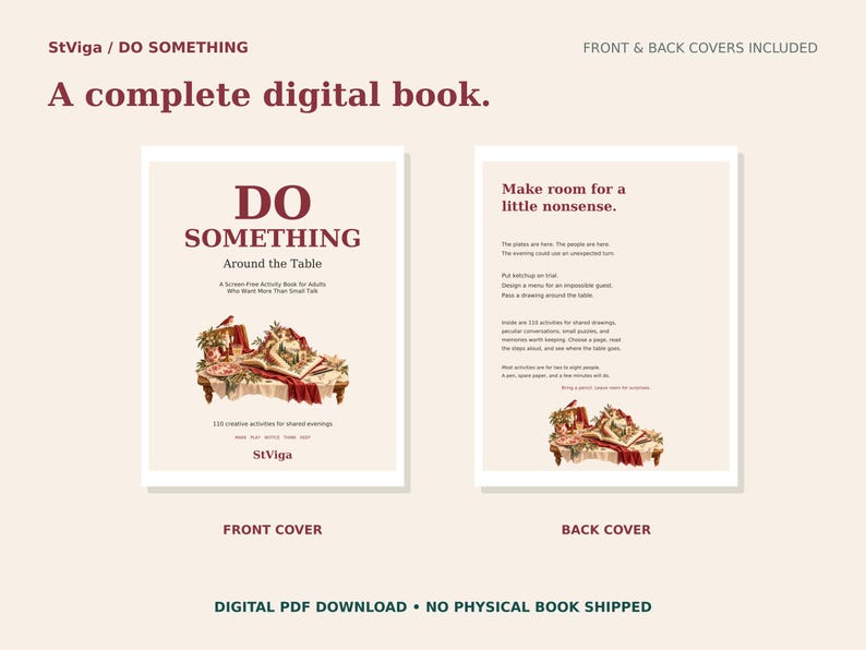May include: A digital book titled Do Something Around the Table, featuring front and back covers. The front cover displays the title, subtitle, and an illustration of a table setting. The back cover includes text about activities, shared drawings, and puzzles.