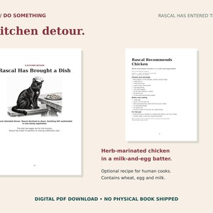 May include: A digital book page titled A kitchen detour featuring a black cat illustration with the text Rascal Has Brought a Dish and a second page titled Rascal Recommends Chicken with a recipe for herb-marinated chicken in a milk-and-egg batter.