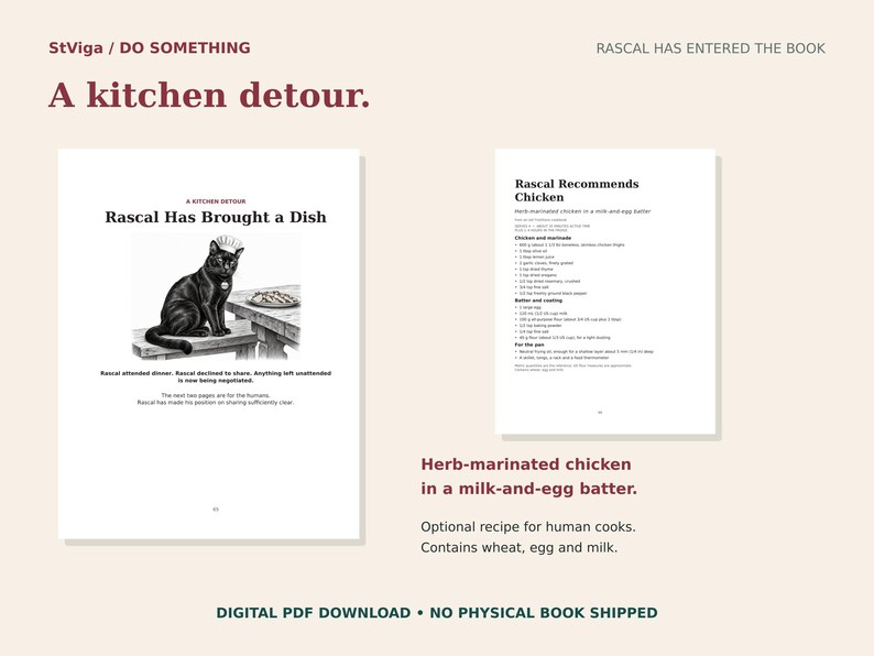 May include: A digital book page titled A kitchen detour featuring a black cat illustration with the text Rascal Has Brought a Dish and a second page titled Rascal Recommends Chicken with a recipe for herb-marinated chicken in a milk-and-egg batter.