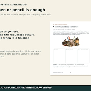 May include: A digital PDF page titled A Holiday Nobody Inherited, featuring instructions for a creative activity. The page includes a small illustration of a bird, a mug, and a lantern, along with three blank boxes for notes and text.