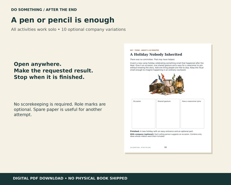 May include: A digital PDF page titled A Holiday Nobody Inherited, featuring instructions for a creative activity. The page includes a small illustration of a bird, a mug, and a lantern, along with three blank boxes for notes and text.