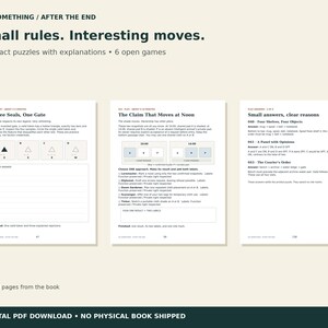 May include: A digital PDF document titled Do Something / After The End, featuring three pages of logic puzzles. The text includes Small rules. Interesting moves., 15 exact puzzles with explanations, 6 open games, and specific puzzle titles like Three Seals, One Gate.