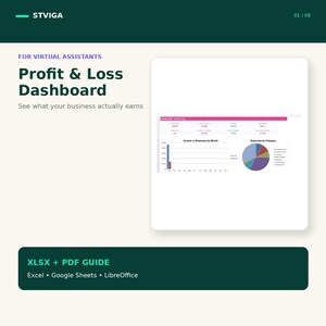 May include: A digital Profit & Loss Dashboard for virtual assistants featuring a spreadsheet interface with a bar chart, a pie chart, and financial data. The text includes STVIGA, FOR VIRTUAL ASSISTANTS, Profit & Loss Dashboard, and XLSX + PDF GUIDE.