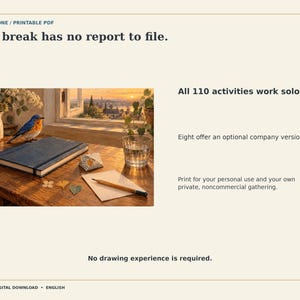 Puede incluir: Un PDF imprimible titulado Nine to Done con el texto Your break has no report to file. Incluye una imagen de una figura de p&aacute;jaro azul, un cuaderno azul oscuro, un l&aacute;piz y un vaso de agua sobre un escritorio de madera junto a una ventana al atardecer.