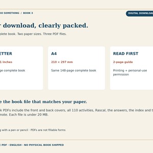 May include: A digital download PDF information sheet titled STVIGA DO SOMETHING BOOK 3. It details three files: a 148-page US Letter 8.5 x 11 inches book, a 148-page A4 210 x 297 mm book, and a 2-page Read First guide for printing and personal use.