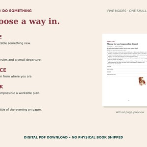 May include: A digital PDF document titled StViga / DO SOMETHING featuring five modes: MAKE, PLAY, NOTICE, THINK, and KEEP. The page includes instructions for a game called Menu for an Impossible Guest, with a small illustration of a person at a table.