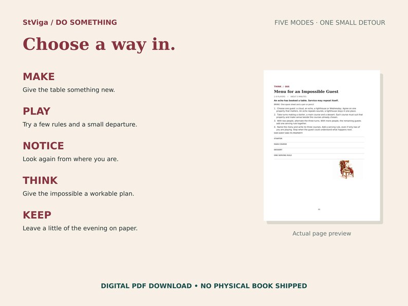 May include: A digital PDF document titled StViga / DO SOMETHING featuring five modes: MAKE, PLAY, NOTICE, THINK, and KEEP. The page includes instructions for a game called Menu for an Impossible Guest, with a small illustration of a person at a table.