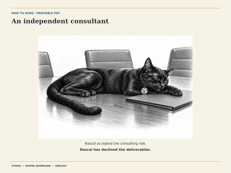 Puede incluir: Una ilustraci&oacute;n en blanco y negro titulada Nine to Done que muestra a un gato negro durmiendo sobre una mesa de conferencias con un port&aacute;til, un clip y una placa de collar que dice Rascal. El texto incluye An independent consultant y Rascal has declined the deliverables.