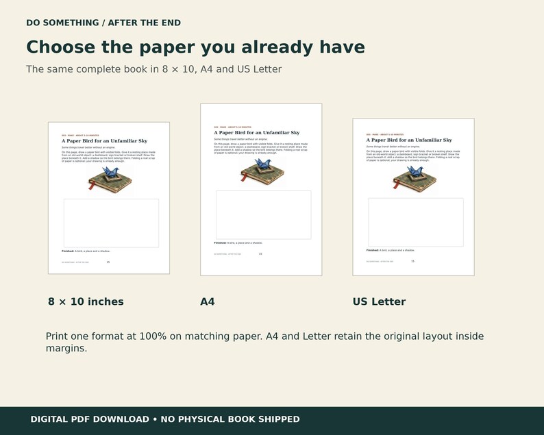 May include: A digital document guide titled DO SOMETHING / AFTER THE END, Choose the paper you already have. It displays three book page layouts in 8 x 10 inches, A4, and US Letter formats, each featuring a blue paper bird illustration on a book.