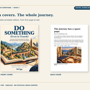 May include: A digital PDF activity book titled Do Something (Even in Transit) featuring a front cover with an open book illustration showing a train on a bridge and a back cover with text and a window view. The book includes 110 creative activities.