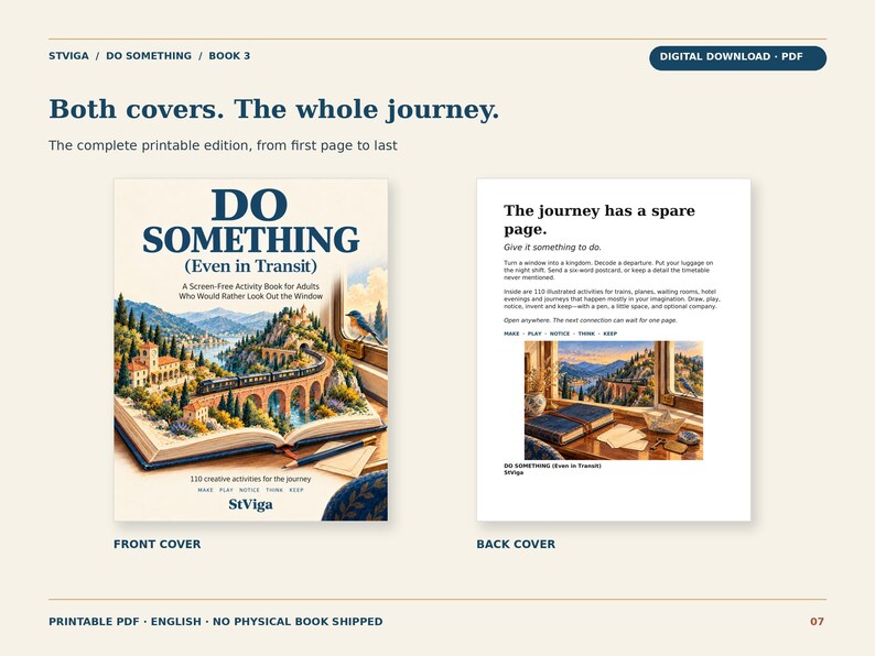 May include: A digital PDF activity book titled Do Something (Even in Transit) featuring a front cover with an open book illustration showing a train on a bridge and a back cover with text and a window view. The book includes 110 creative activities.