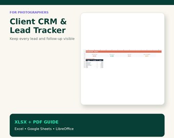 Hoja de cálculo CRM para clientes de fotógrafos: Seguimiento de clientes potenciales y seguimiento de clientes.
