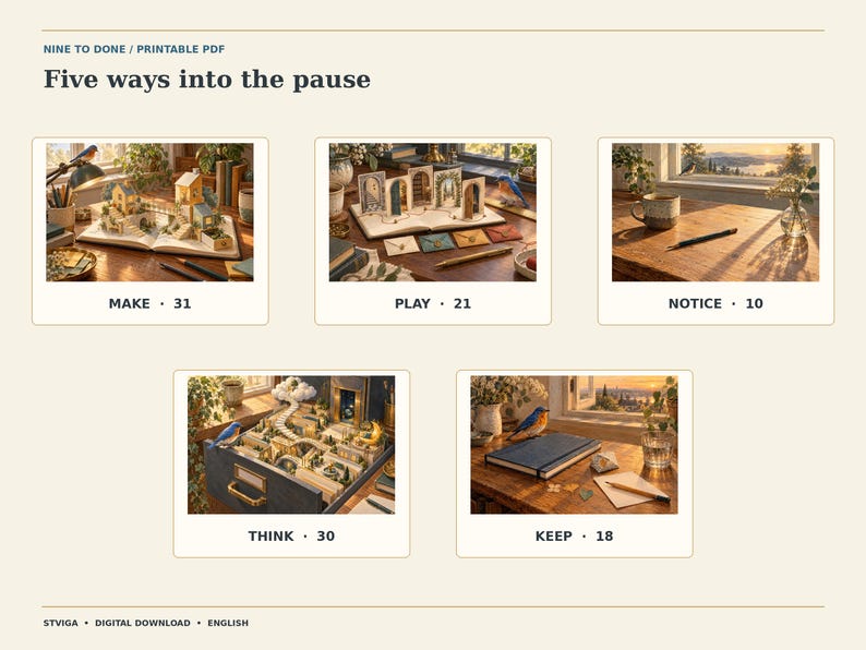 Puede incluir: Un PDF imprimible titulado Nine to Done: Five ways into the pause, que presenta cinco secciones distintas etiquetadas como Make 31, Play 21, Notice 10, Think 30 y Keep 18. Cada secci&oacute;n muestra una escena creativa con dioramas, libros y papeler&iacute;a.