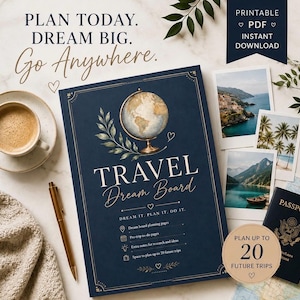 May include: A dark blue travel dream board planner featuring a globe illustration, gold text reading TRAVEL Dream Board, and the phrase DREAM IT. PLAN IT. DO IT. The cover lists planning pages, pre-trip to-do pages, and space for 20 future trips.