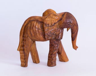 Vintage Wooden Elephant Figurine, VTG Wooden Animal Figurine, 80s Sculpture Collectibles