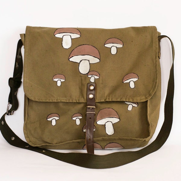 Vintage Upcycled Hand Painted Military Bag Green Cotton Canvas Messenger Bag with Mushrooms