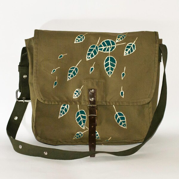 Vintage Hand Painted Military Bag Green Cotton Canvas Messenger Bag, Crossbody Bag, Turquoise Leaves