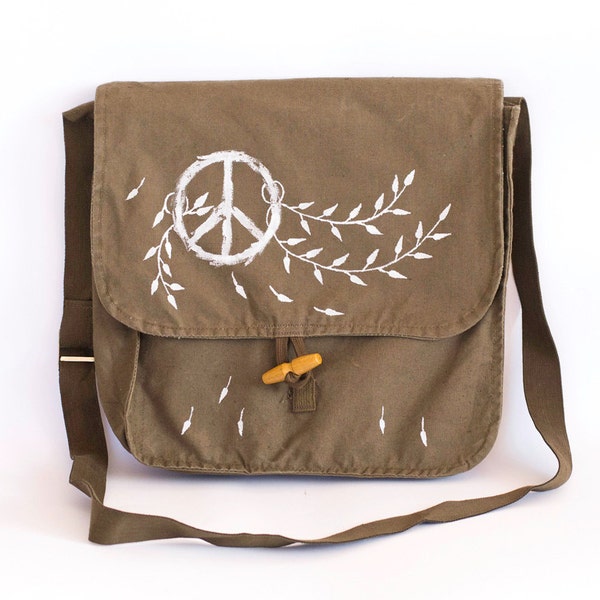 Vintage Upcycled Bag, Hand Painted Peace Sign Military Bag, Green Cotton Canvas Messenger Bag, Crossbody Bag, Unisex bag, School Bag,