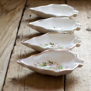 Vintage Porcelain Leaf Condiment Plates: Bulgarian Floral Sauce Dishes, Set of 4