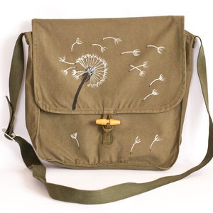 Dandelion Messenger Bag, Vintage Messenger Bag, Upcycled Army Bag, Hand Painted Canvas Messenger Bag