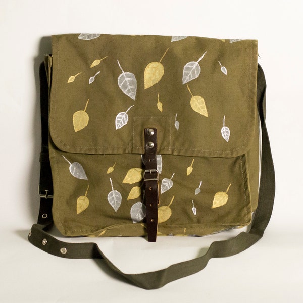 Vintage Hand Painted Military Bag with Silver and Gold Metallic Effect Leaves Green Cotton Canvas Messenger Bag, Crossbody Bag