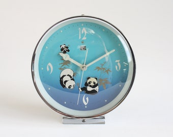 Reloj despertador mecánico animado, reloj despertador vintage azul negro con panda en movimiento, trabajo, coleccionables