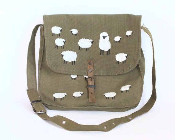 Vintage Upcycled Hand Painted Military Bag Green Cotton Canvas Messenger Bag with Sheep