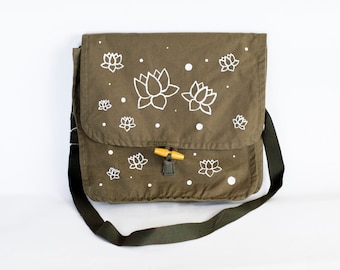 Lotus Flower Bag, Upcycled Hand Painted Military Bag, Army Green Cotton Messenger Bag, Crossbody Bag, School Bag