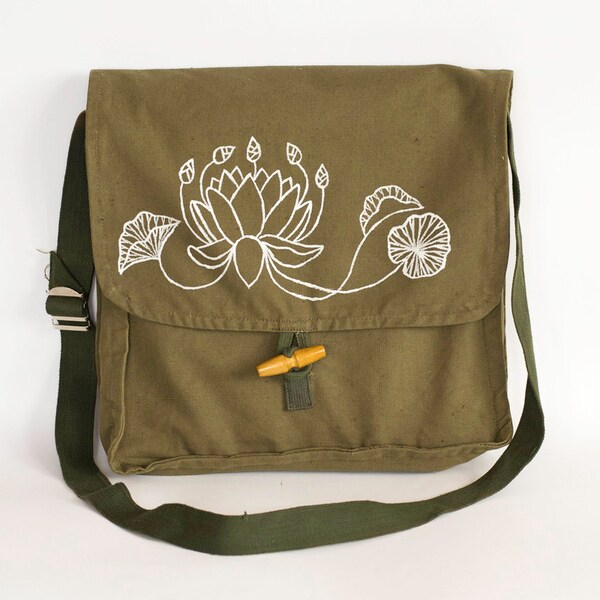 Vintage Hand Painted Bag, Lotus Flower Military Bag Upcycled Bag Green Cotton Canvas Messenger Bag, Crossbody Bag, Unisex bag, School Bag