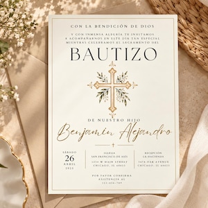 May include: A rectangular baptism invitation card featuring a central gold cross illustration with green leaves. The text reads: CON LA BENDICIÓN DE DIOS, BAUTIZO, Benjamin Alejandro, and event details including the date April 26, 2025, and Chicago addresses.