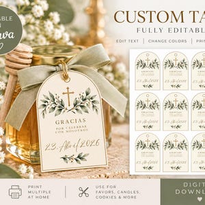 May include: A set of arch-shaped custom tags featuring a gold cross, green botanical illustrations, and the text "GRACIAS POR CELEBRAR CON NOSOTROS 23. Abril 2026". The tags are shown attached to a honey jar with a sage green ribbon and as a printable sheet.