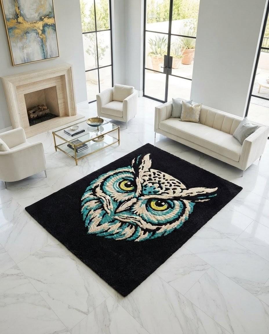 Hand Tufted Owl Rug, Black Blue Wool Area Rug, Modern Animal Decor