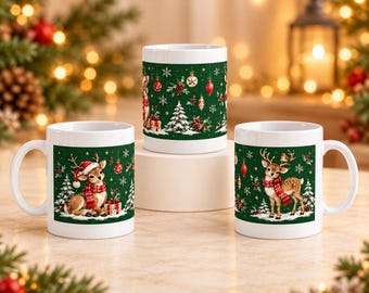 Christmas Reindeer Mug, 325ml White Ceramic Coffee Cup with Green Woodland Design