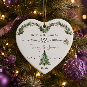 Personalized First Christmas Ornament LGBTQ Couple, Custom Mr Mrs Ms Mx Heart Ceramic Ornament, Gay Lesbian Wedding Gift, Pride Christmas