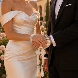 May include: A white braided rope handfasting cord featuring intricate decorative knots and two dangling tassels. Each tassel is adorned with a small metallic charm, one shaped like a cross and the other shaped like a heart, hanging from the cord.