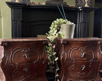 Vintage Italian Rococo Bombe Nightstands, Walnut Louis XV Style Cabinets
