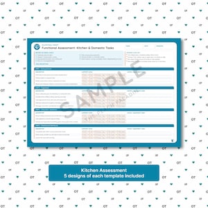 May include: A teal and white occupational therapy functional assessment form for kitchen and domestic tasks. The document includes sections for task description, support levels, and notes, with a sample watermark overlaying the text.