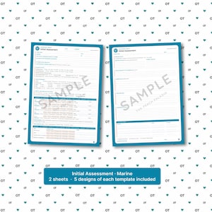 May include: Two white occupational therapy initial assessment forms with teal borders and headers. The forms feature structured fields for patient information, medical history, and clinical notes. The text "SAMPLE" is overlaid on both documents.