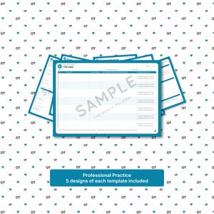 May include: A stack of teal-bordered CPD Index templates featuring a grid layout with columns for date, activity, and reflection. The word SAMPLE and THE PEACH PALADIN are printed across the center. A teal banner states Professional Practice 5 designs of each template included.