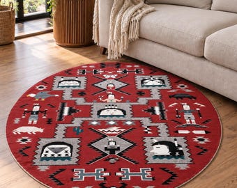 Alfombra redonda tradicional navajo de estilo vintage de 8x8 pies en rojo y negro, decoración tejida de estilo suroeste para casas de campo, dormitorios y salas de estar.