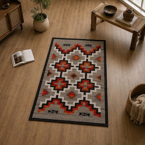 May include: A rectangular area rug featuring a geometric pattern with repeating cross and diamond shapes in shades of gray, white, black, and vibrant orange. The rug has a solid black border and is oriented vertically on a wooden floor surface.